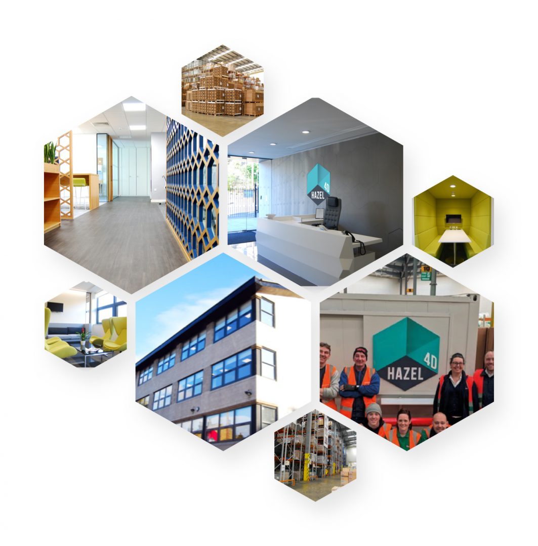montage of images showing packaging solutions, staff and office building