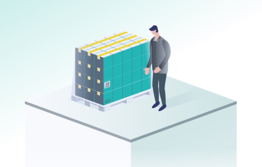 illustration of pallet of boxes with person standing beside it