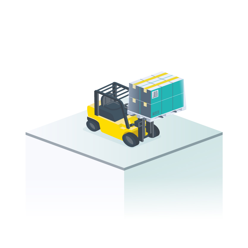 illustration of fork lift truck with pallet of boxes