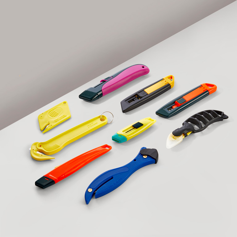 Safety knives and film cutters of various types