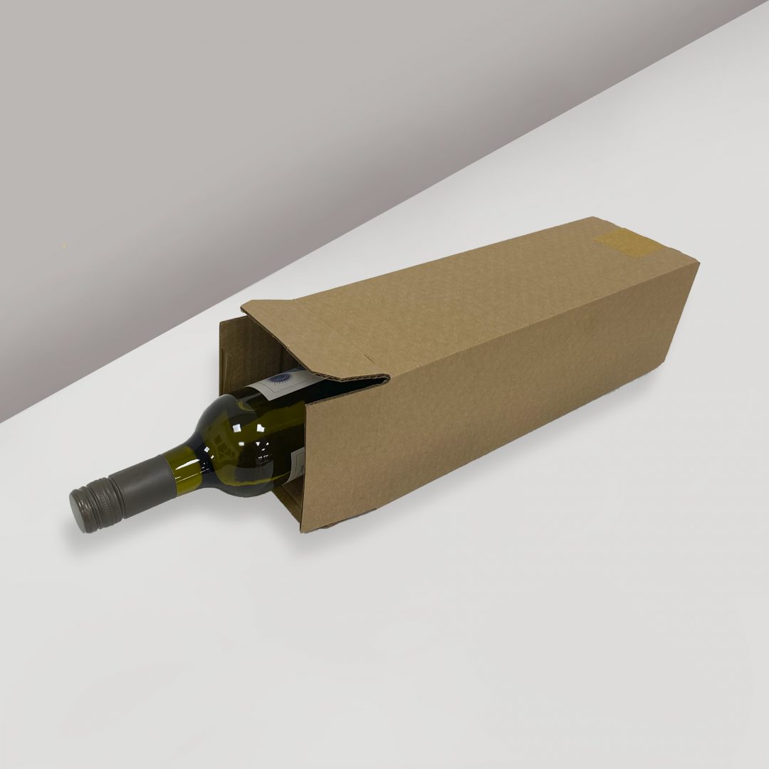 Cardboard bottle holder with bottle of wine