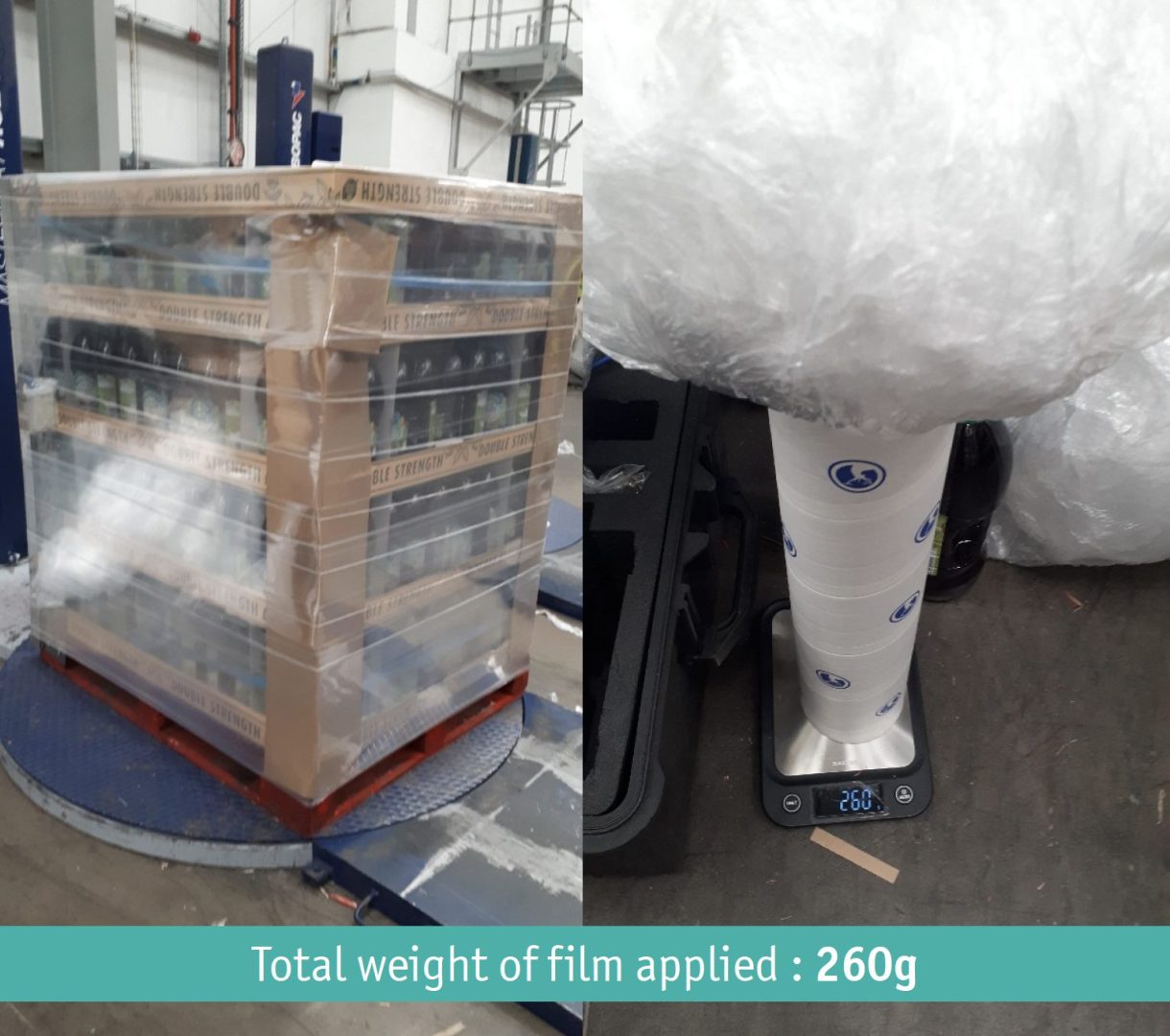 pallet of bottles with plastic wrap. Total weight of film applied: 260g